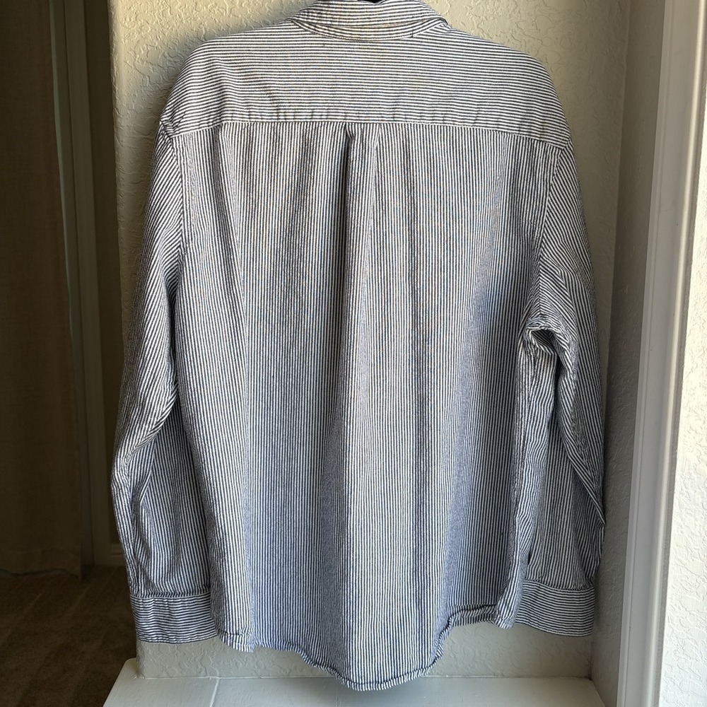 Women XL Button Down Stripe Shirt Navy White Cotton Preppy Nautical Coastal - Picture 4 of 6